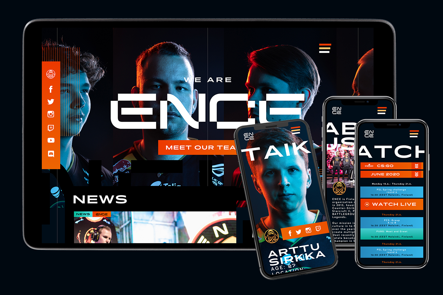 Näkymiä ENCEn nettisivuilta tabletin ja älypuhelimen näytöllä.